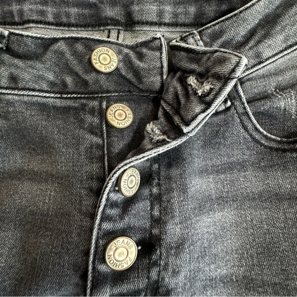 Women’s Retro High Rise Button-Fly Slim Leg Flare Distressed Faded Black Jeans - Picture 4 of 8